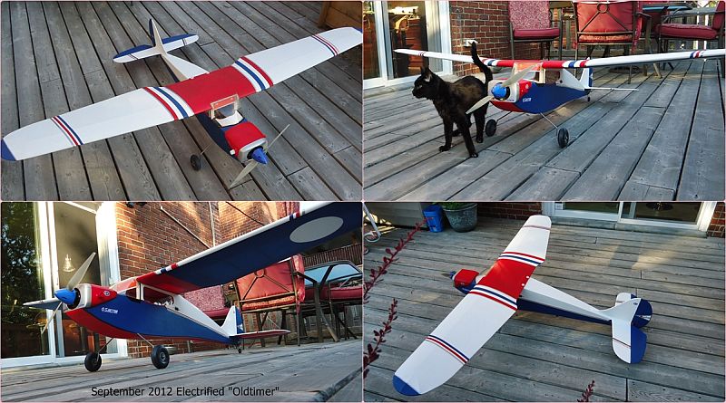 2012. Electrified Great Planes "Old Timer". I didn't use the wheel boots and landing gear fairings they supplied....that part of the design seemed wildly optimistic. Kept same 3 colour scheme as 1975 model below..To fly soon I hope.